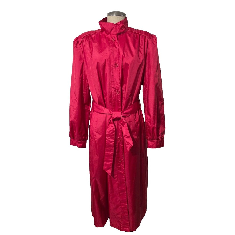 Vtg Windy Weather Long Red Trench Belted 6 buttons Sz 15/16